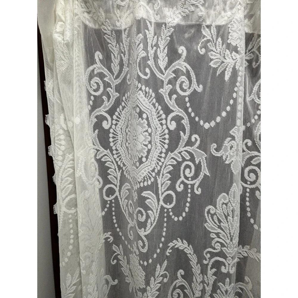 Romantic Cottage Ivory Floral Garlands Lace Curtains Scalloped Edge 2 Panels